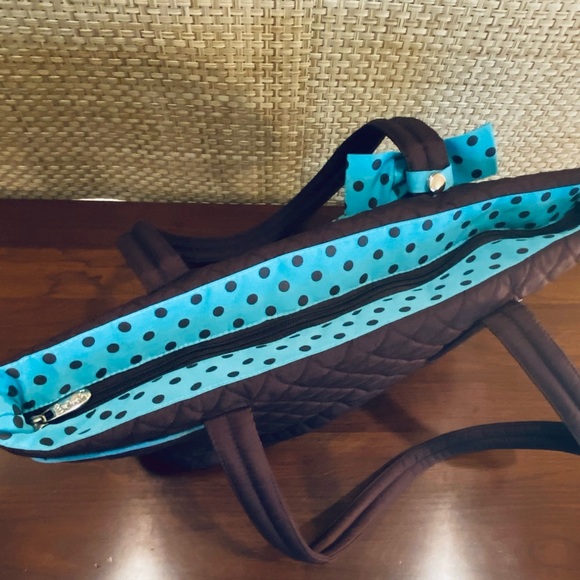 🌟HP🌟NWOT Brown & Blue Polka Dot Quilted Tote Bag by Belvah - Picture 3 of 13